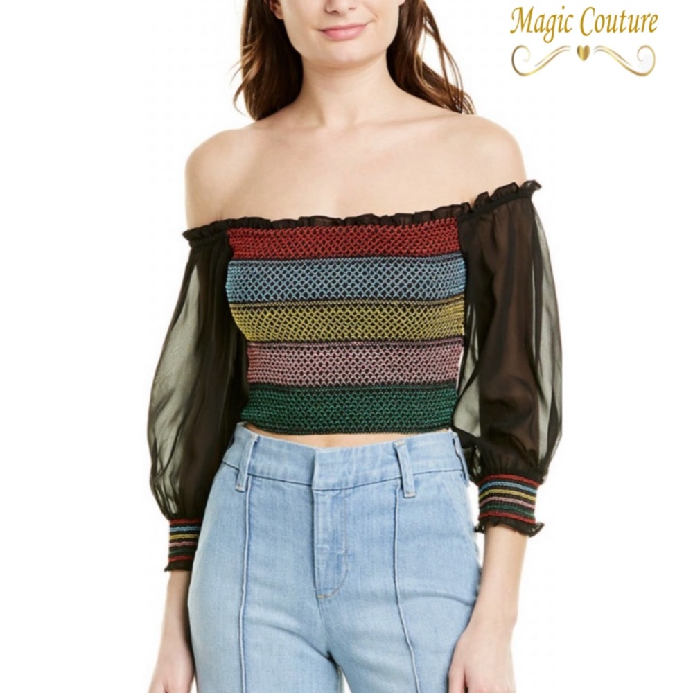 โSOLDโNWOT Alice & Olivia Abita Embroidered Smocked Crop Top๐๐๐โค๏ธ - Picture 4 of 10